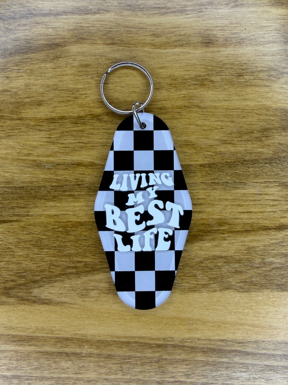 Diamond Shaped Black and White Checkered “Living My Best Life” Keychain